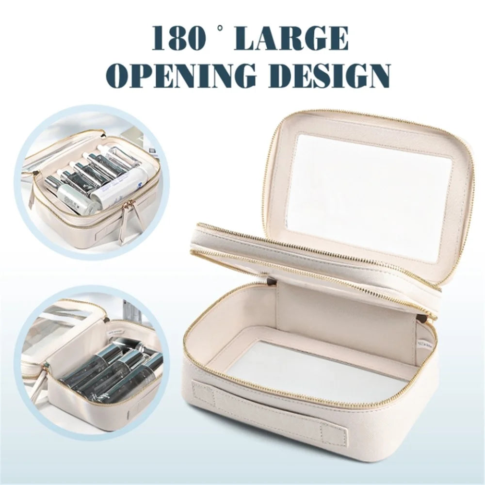 Travel Transparent PVC Double Layer Waterproof PU Leather Cosmetic Bag - Beige - 3