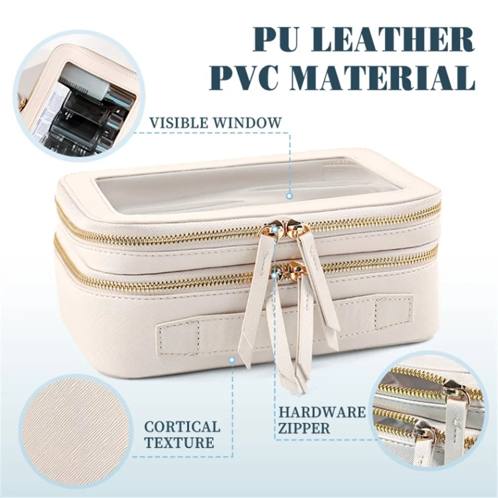 Travel Transparent PVC Double Layer Waterproof PU Leather Cosmetic Bag - Beige - 4