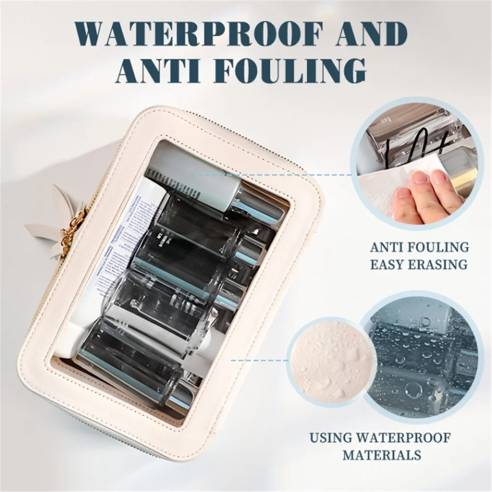 Travel Transparent PVC Double Layer Waterproof PU Leather Cosmetic Bag - Beige - 6