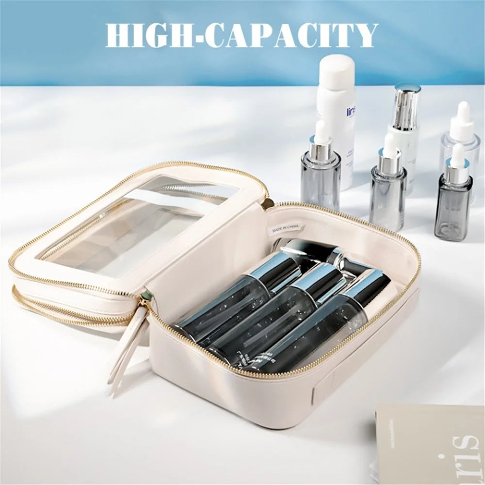 Travel Transparent PVC Double Layer Waterproof PU Leather Cosmetic Bag - Beige - 7