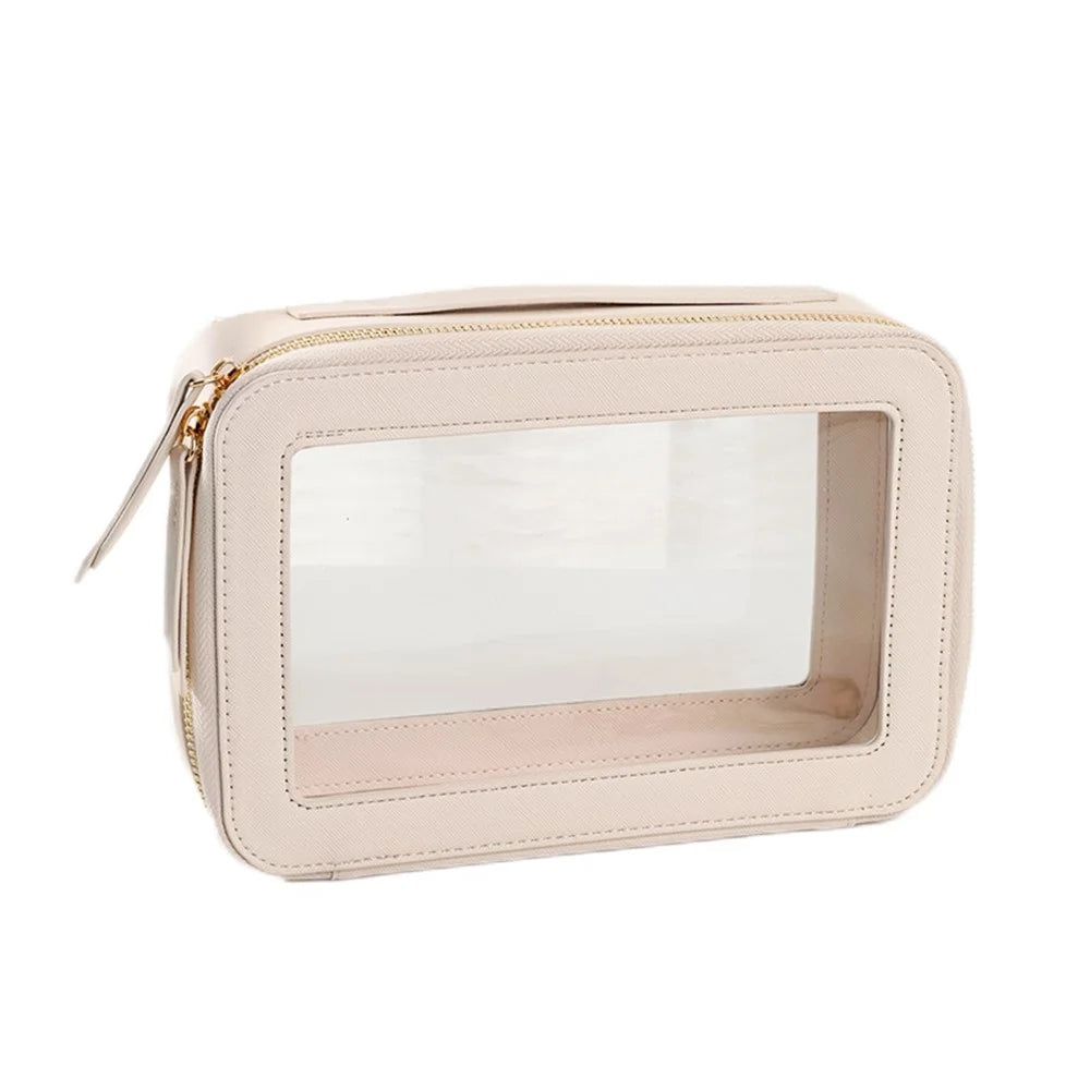 Single Layer Transparent Makeup Bag Waterproof PU Leather Cosmetic Bag - Beige - 1