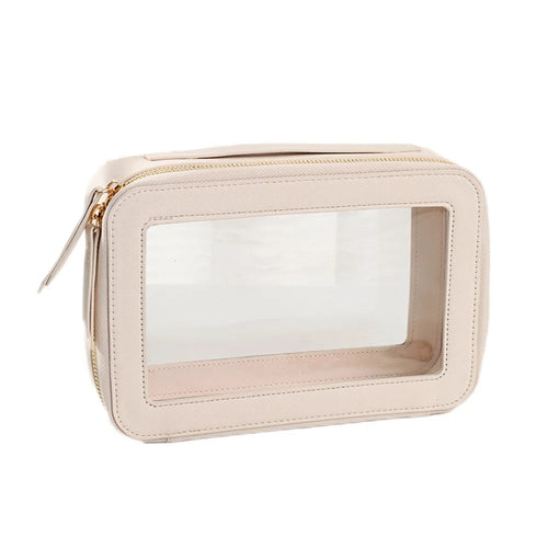Single Layer Transparent Makeup Bag Waterproof PU Leather Cosmetic Bag - Beige - 1