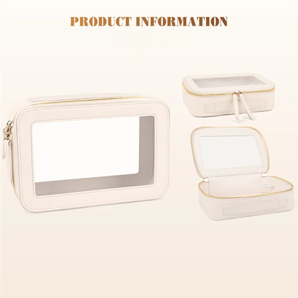 Single Layer Transparent Makeup Bag Waterproof PU Leather Cosmetic Bag - Beige - 4