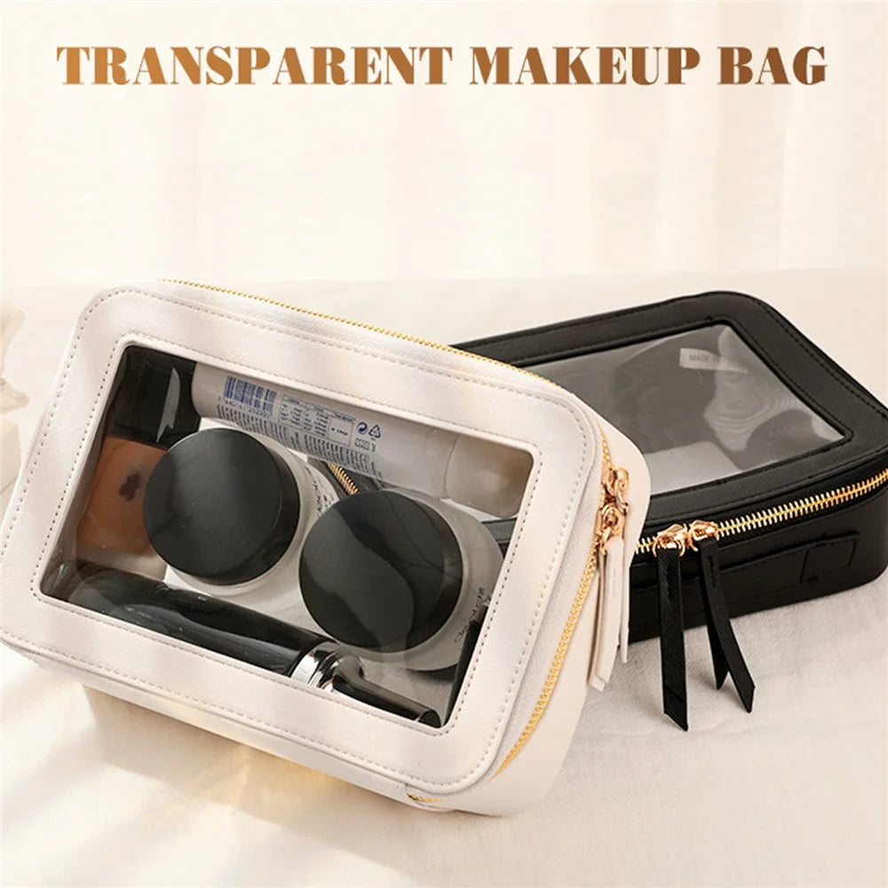 Single Layer Transparent Makeup Bag Waterproof PU Leather Cosmetic Bag - Beige - 5