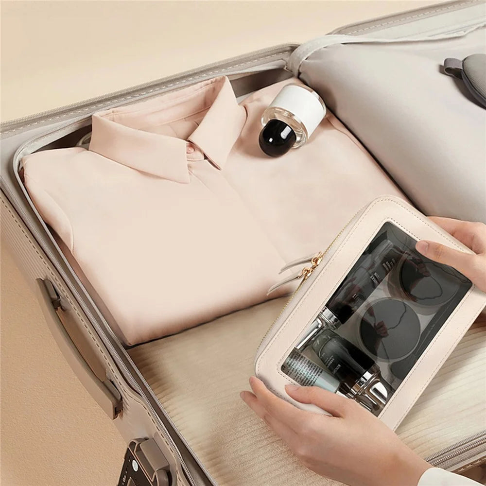 Single Layer Transparent Makeup Bag Waterproof PU Leather Cosmetic Bag - Beige - 6
