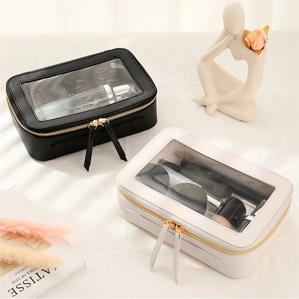 Single Layer Transparent Makeup Bag Waterproof PU Leather Cosmetic Bag - Beige - 7