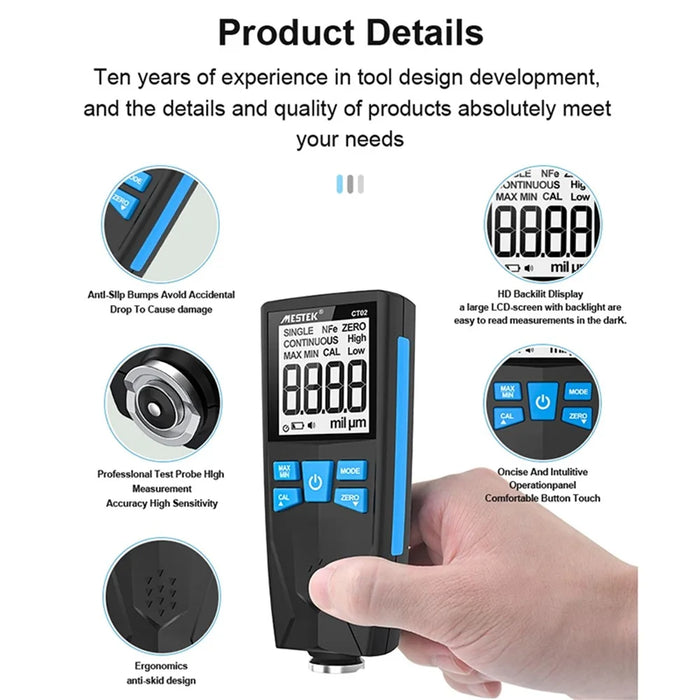 MESTEK CT02 Digital Coating Thickness Gauge 0-1500um Fe / NFe Thickness Meter, Basic Model - 6