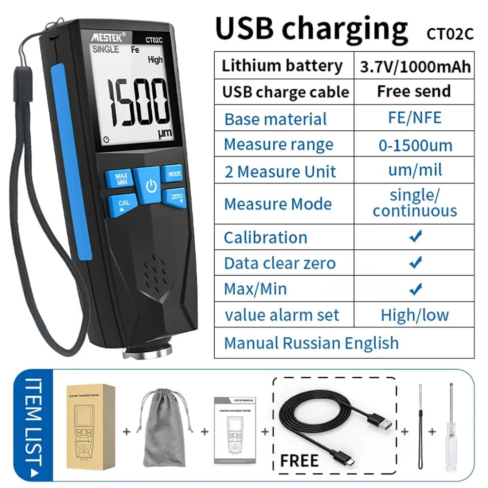 MESTEK CT02C 0-1500um Car Paint Coating Thickness Gauge USB Rechargeable Fe / Nfe Thickness Meter - 7