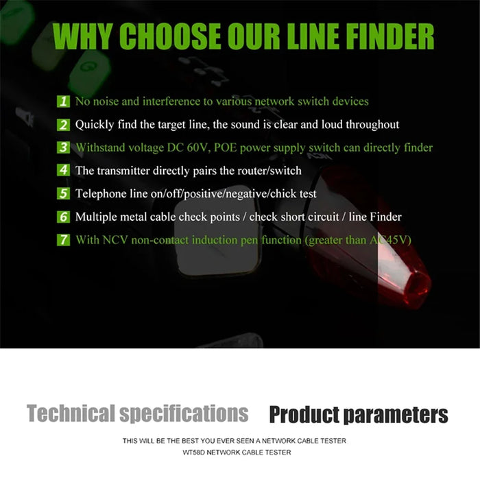MESTEK WT58D Multifunction RJ45 RJ11 Network Cable Tester Electric Wire Line Finder Tracker - 6