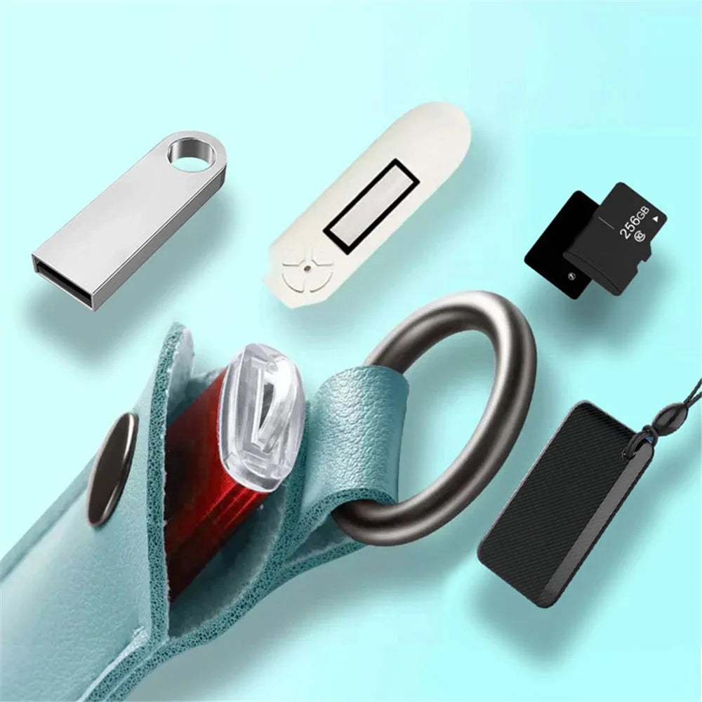 PU Leather U-disk Memory Card Storage Bag Anti-lost Protective Cover with Keyring - Light Blue - 3