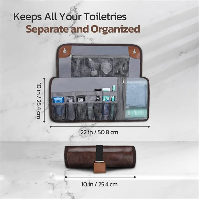 Outdoor Travel Hanging Waterproof Toiletries Organizer Portable Storage Bag - PU Leather / Brown - 2