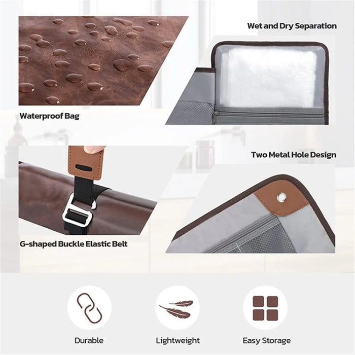 Outdoor Travel Hanging Waterproof Toiletries Organizer Portable Storage Bag - PU Leather / Brown - 4