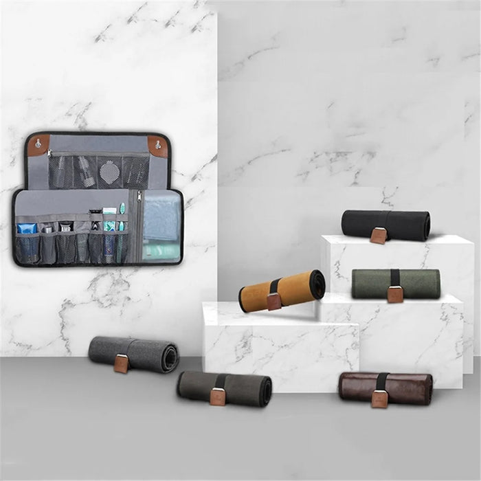 Outdoor Travel Hanging Waterproof Toiletries Organizer Portable Storage Bag - PU Leather / Brown - 7