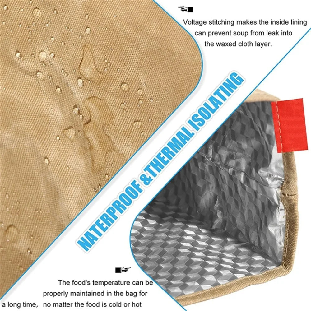 Waterproof Waxed Canvas Insulated Bag Aluminum Foil Reusable Lunch Thermal Bag - 3