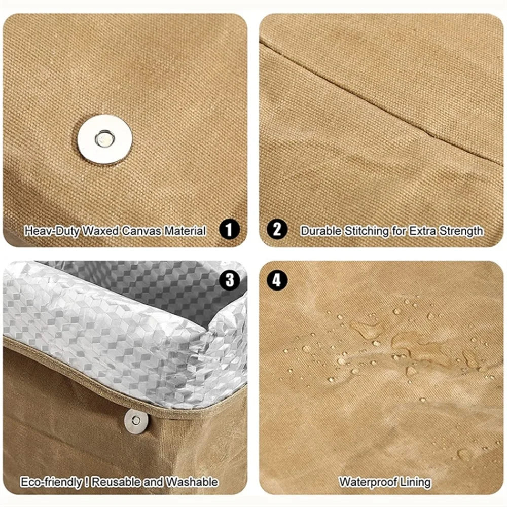 Waterproof Waxed Canvas Insulated Bag Aluminum Foil Reusable Lunch Thermal Bag - 4