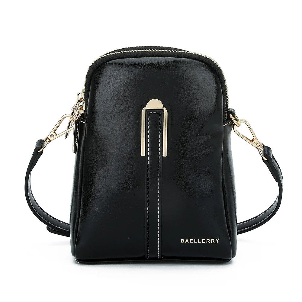 BAELLERRY N8923 Waxy PU Leather Women Dual Layer Vertical Mini Crossbody Bag - Black - 1