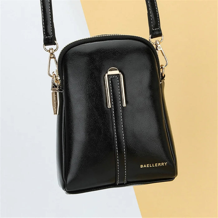 BAELLERRY N8923 Waxy PU Leather Women Dual Layer Vertical Mini Crossbody Bag - Black - 6