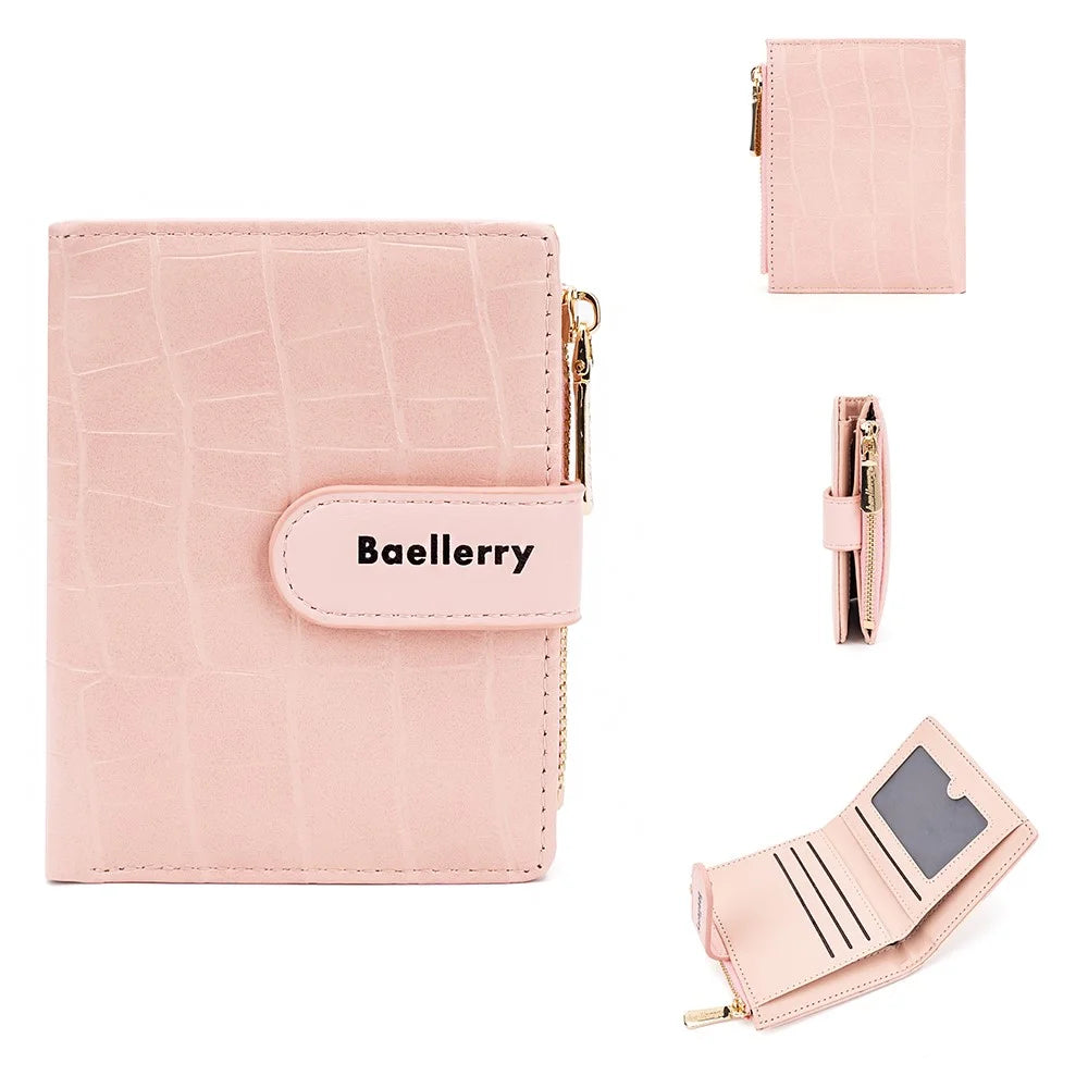 BAELLERRY N8327 Fashion Stone Texture PU Leather Women Bi-fold Short Wallet - Pink - 1