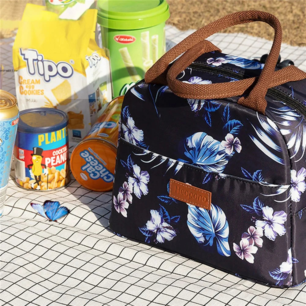 HEOPONO Stylish Insulated Lunch Tote Bag Oxford Cloth Bento Box Cooler Bag - Flower - 3