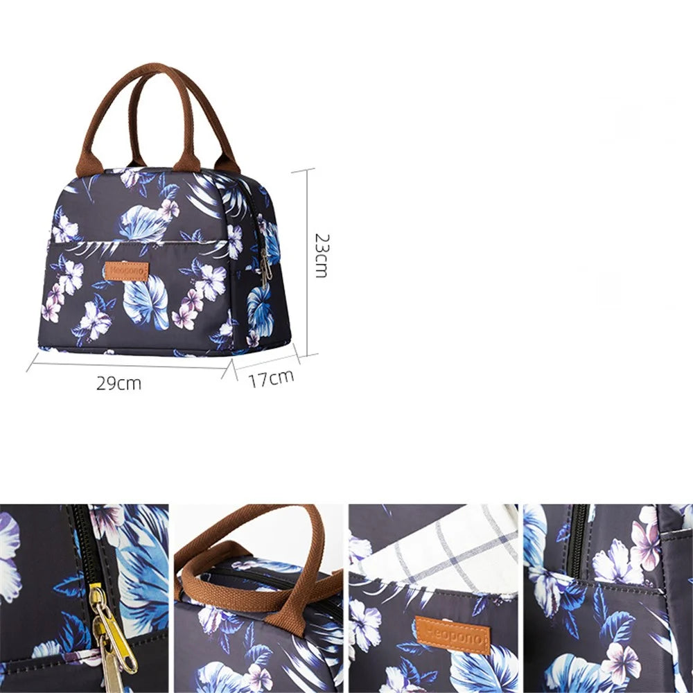 HEOPONO Stylish Insulated Lunch Tote Bag Oxford Cloth Bento Box Cooler Bag - Flower - 4