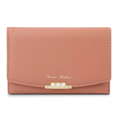 TAILIAN T6223-013 Faux Pearl Decor Women PU Leather Tri-fold Wallet Zipper Coin Purse - Pink - 1