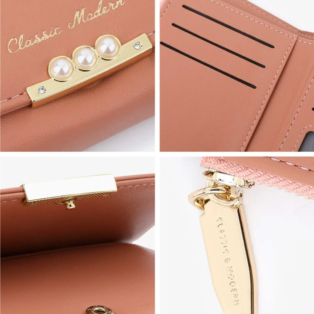 TAILIAN T6223-013 Faux Pearl Decor Women PU Leather Tri-fold Wallet Zipper Coin Purse - Pink - 6