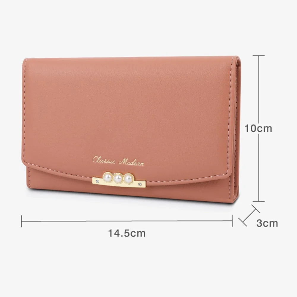 TAILIAN T6223-013 Faux Pearl Decor Women PU Leather Tri-fold Wallet Zipper Coin Purse - Pink - 7