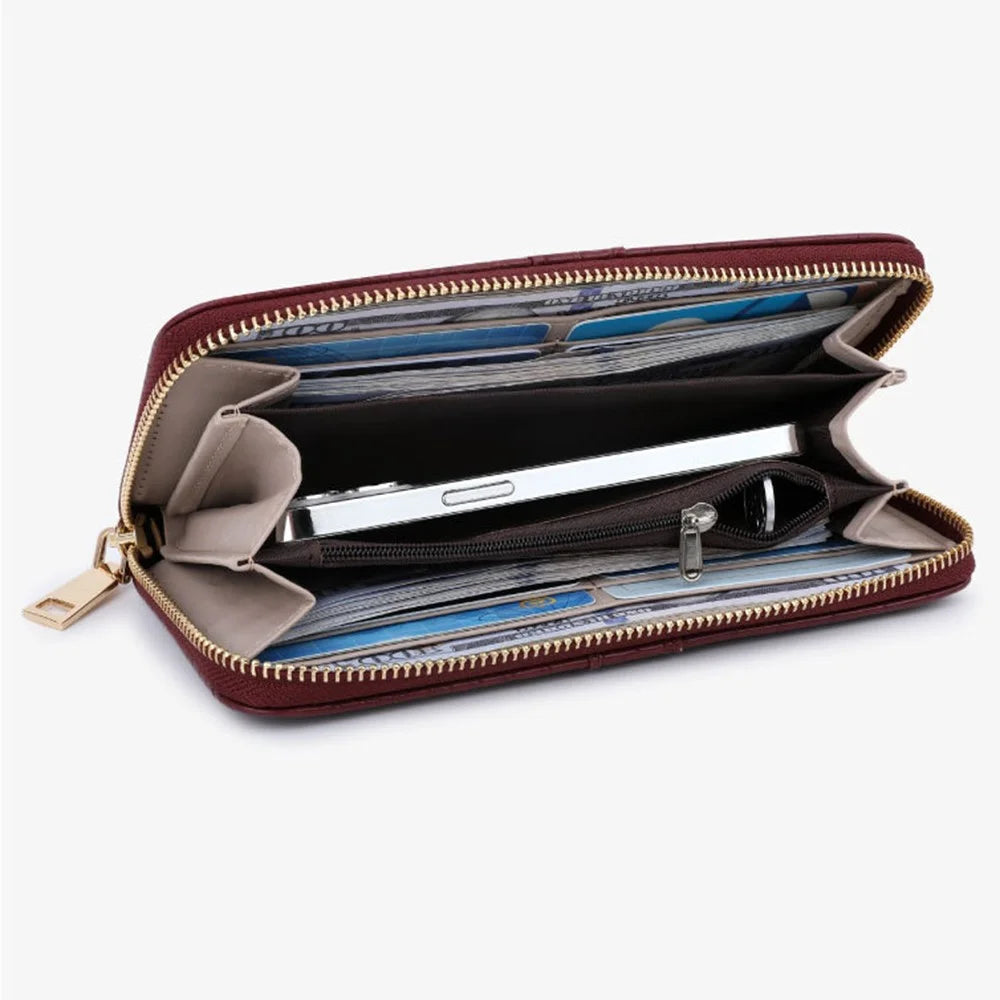 TAILIAN T9612-114 Leather Wallets Long Zipper Card Organiser Crocodile Texture Purse - Wine Red - 3
