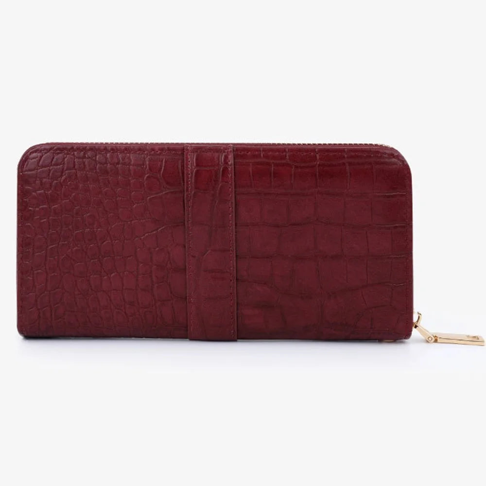 TAILIAN T9612-114 Leather Wallets Long Zipper Card Organiser Crocodile Texture Purse - Wine Red - 4
