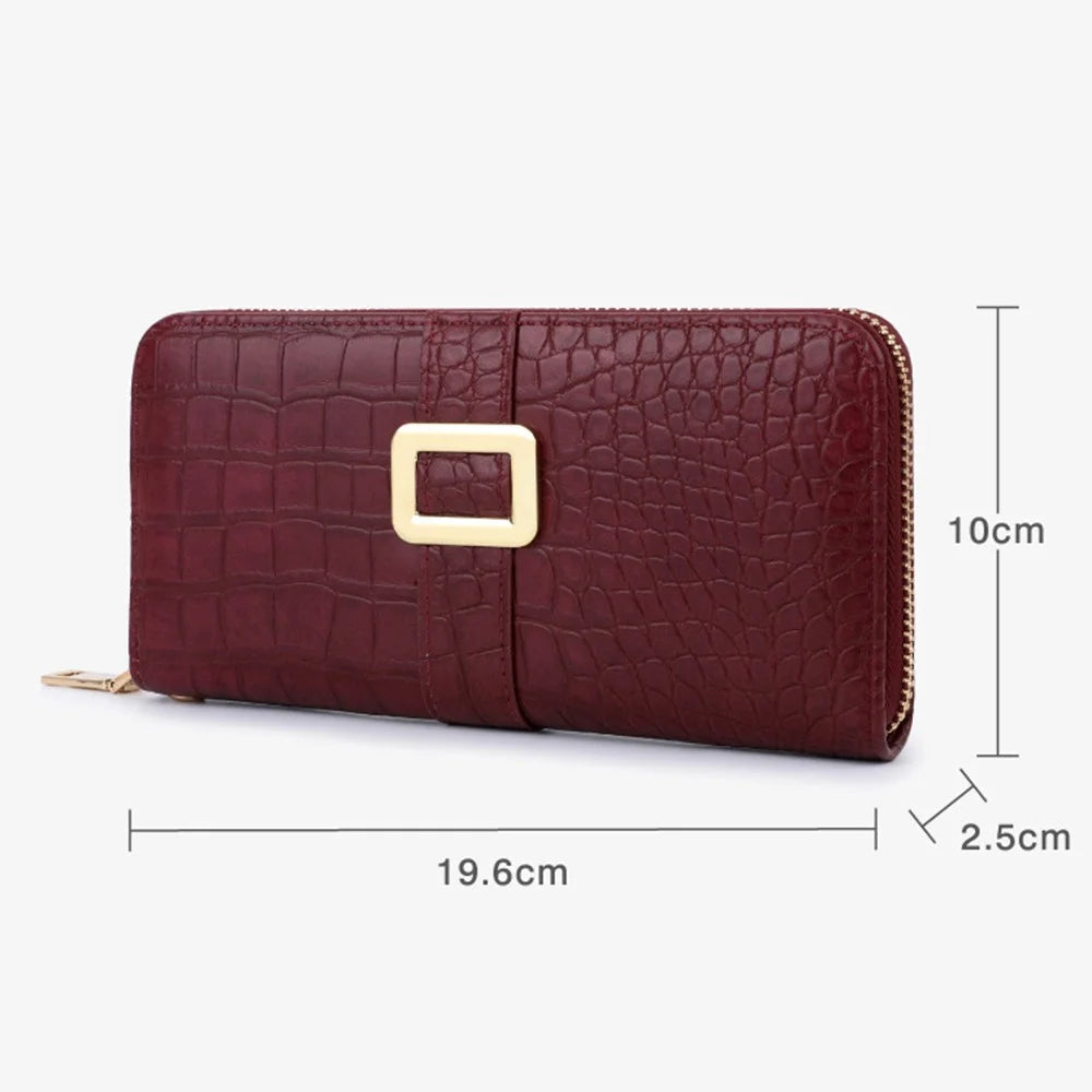 TAILIAN T9612-114 Leather Wallets Long Zipper Card Organiser Crocodile Texture Purse - Wine Red - 7
