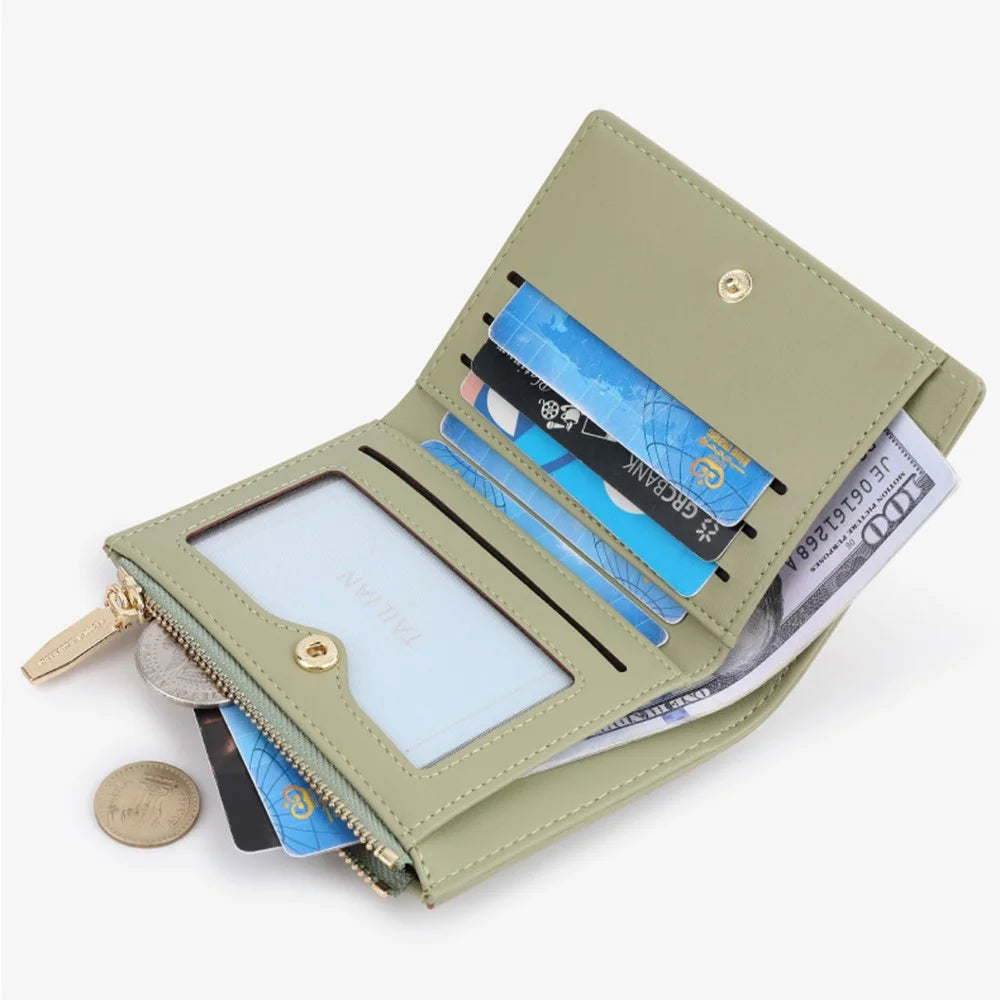 TAILIAN T2602-337 Short Bifold Wallet ID Window Cash Card Holder Zipper Coin Pocket - Green - 3