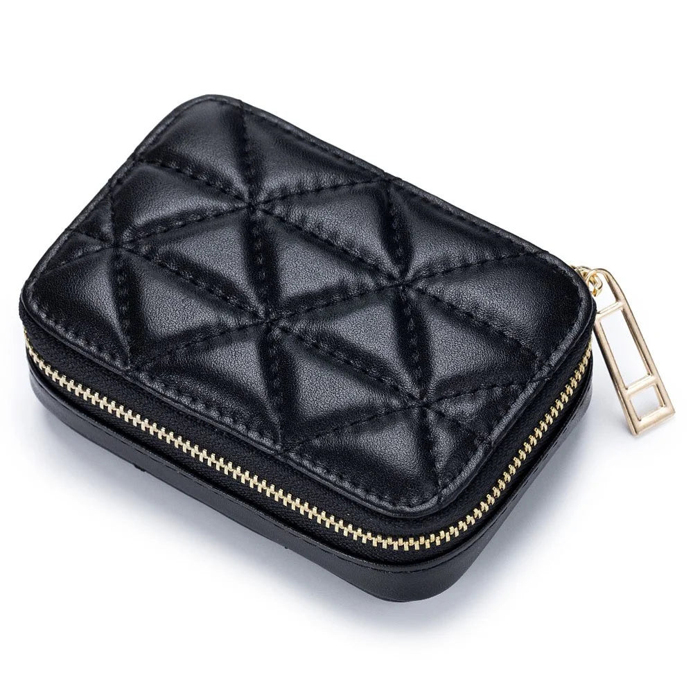 Top-Layer Cowhide Leather Travel Lipstick Storage Bag Mirror Design Zipper Makeup Bag - Black - 1