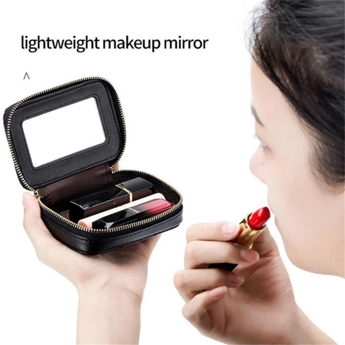 Top-Layer Cowhide Leather Travel Lipstick Storage Bag Mirror Design Zipper Makeup Bag - Black - 2