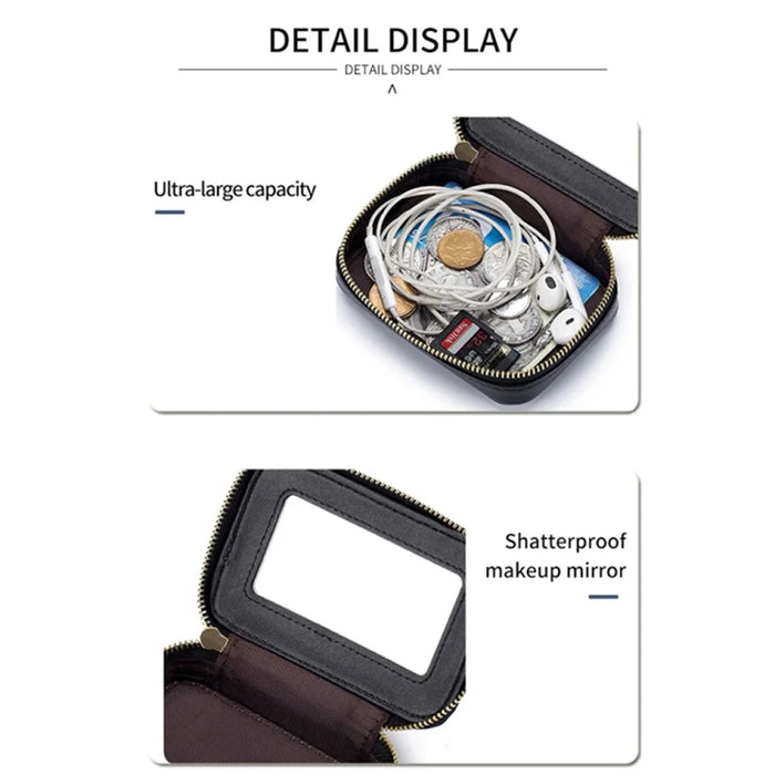 Top-Layer Cowhide Leather Travel Lipstick Storage Bag Mirror Design Zipper Makeup Bag - Black - 4