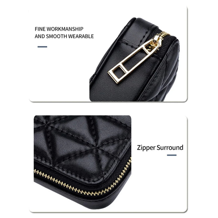 Top-Layer Cowhide Leather Travel Lipstick Storage Bag Mirror Design Zipper Makeup Bag - Black - 5