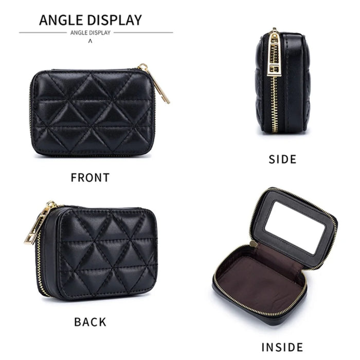 Top-Layer Cowhide Leather Travel Lipstick Storage Bag Mirror Design Zipper Makeup Bag - Black - 6