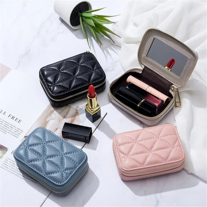 Top-Layer Cowhide Leather Travel Lipstick Storage Bag Mirror Design Zipper Makeup Bag - Black - 7