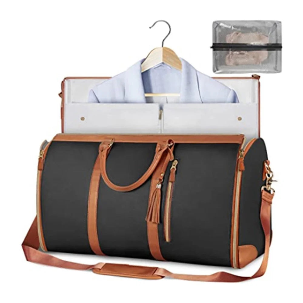 APJ990 Travel Luggage Bag Foldable PU Leather Tote Bag Large Capacity Crossbody Bag - Black - 1