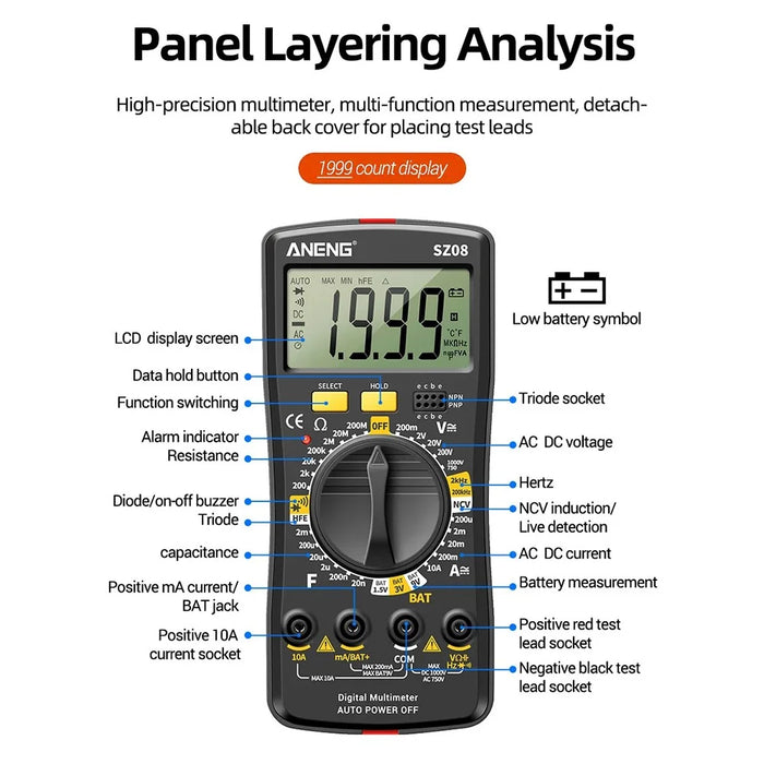 ANENG SZ08 Digital Multimeter Auto Voltmeter AC DC 220V Resistance Handhold Tester - Black - 6