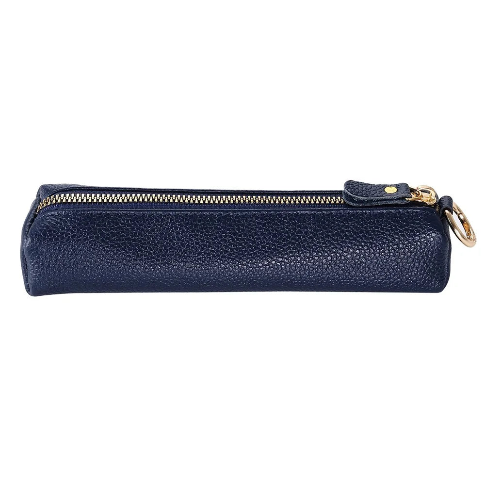 Litchi Texture Cowhide Leather Pencil Case Zipper Stationery Storage Pouch - Sapphire - 1