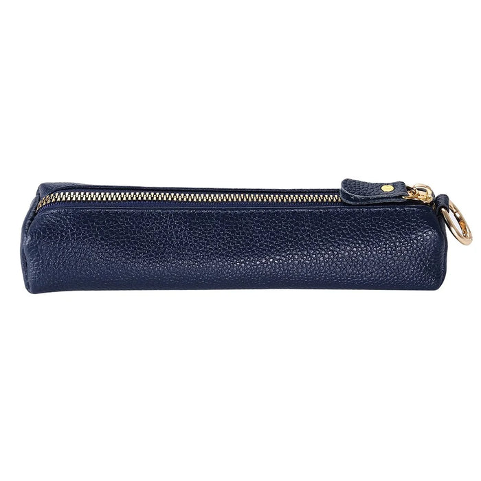Litchi Texture Cowhide Leather Pencil Case Zipper Stationery Storage Pouch - Sapphire - 1