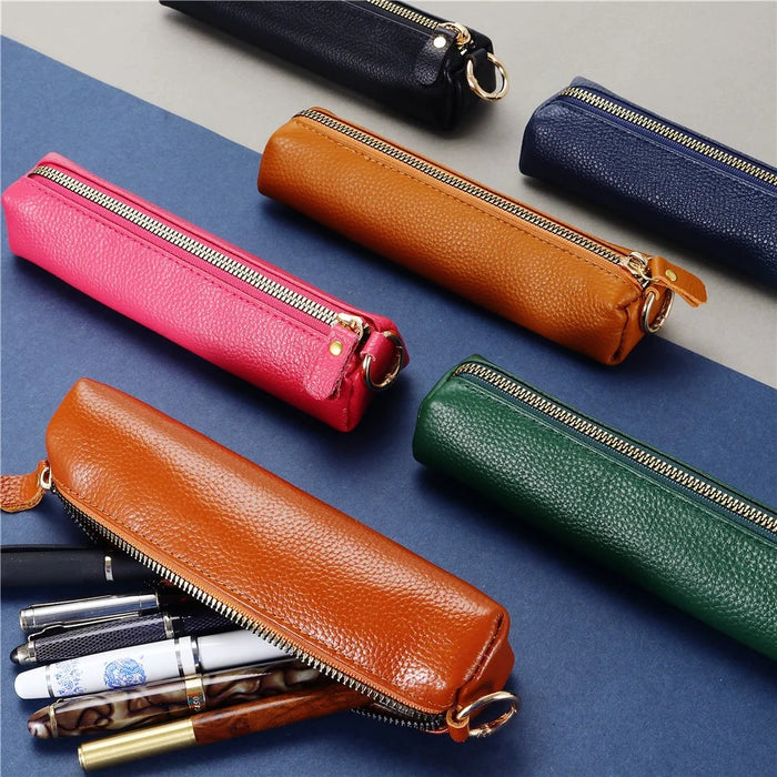 Litchi Texture Cowhide Leather Pencil Case Zipper Stationery Storage Pouch - Sapphire - 5