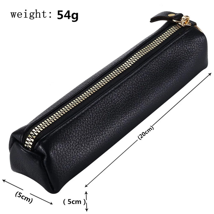 Litchi Texture Cowhide Leather Pencil Case Zipper Stationery Storage Pouch - Sapphire - 6