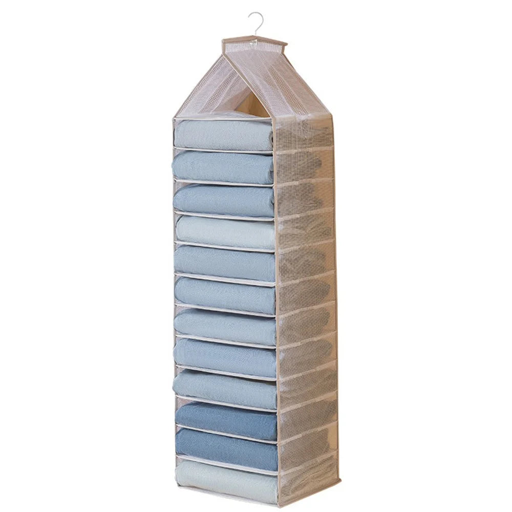 12-Shelf Hanging Storage Organizer for Clothes Wardrobe Closet PVC Storage Shelves - Grey - 1