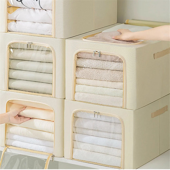 35L Clear Window Storage Box Oxford Cloth Steel Frame Foldable Closet Organizer - Khaki - 2