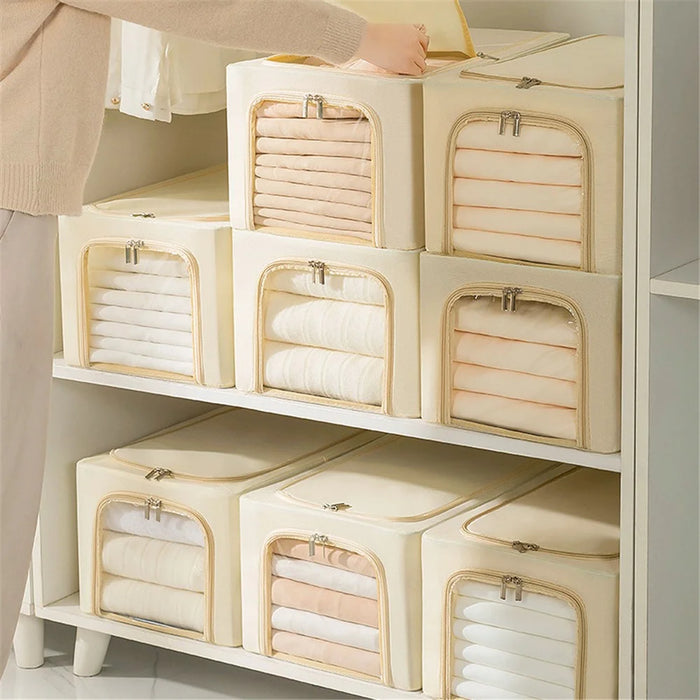 35L Clear Window Storage Box Oxford Cloth Steel Frame Foldable Closet Organizer - Khaki - 4