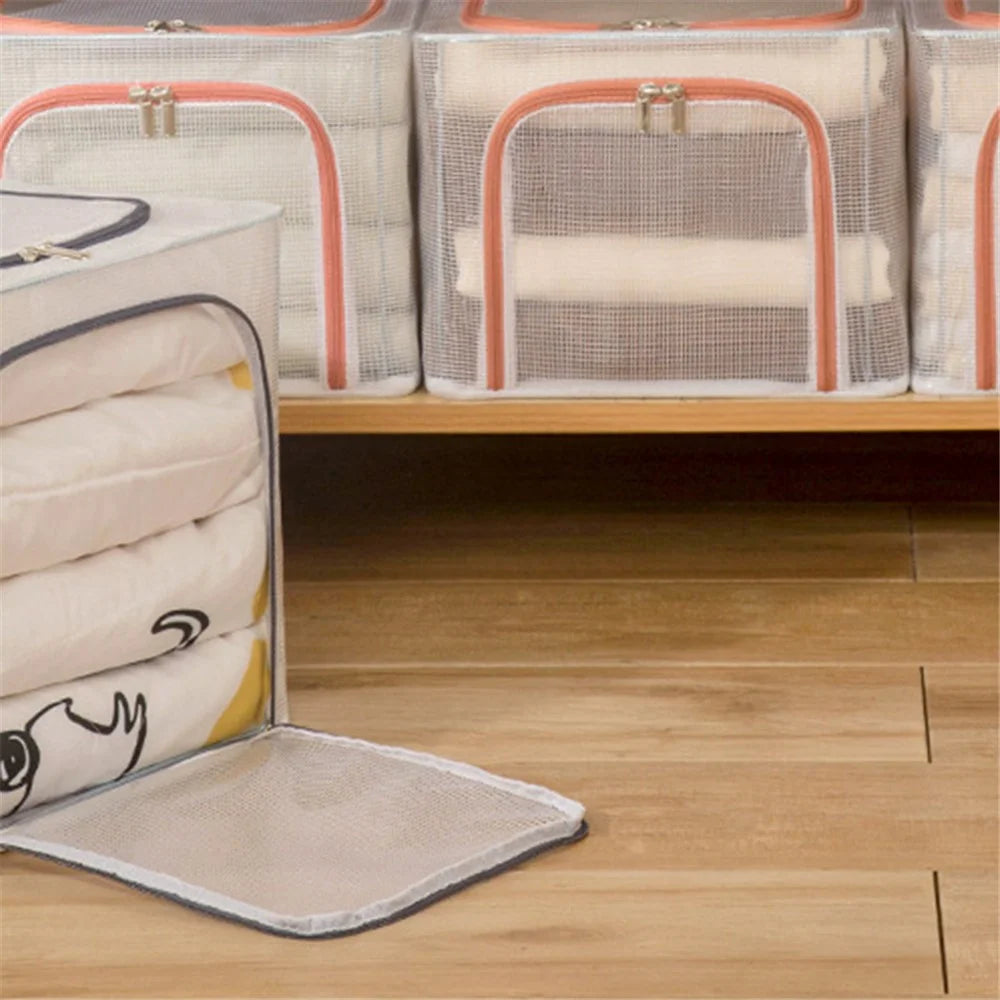 55L Storage Box Transparent PVC Metal Frame Organizer for Clothes Blankets Bedding - Pink - 2