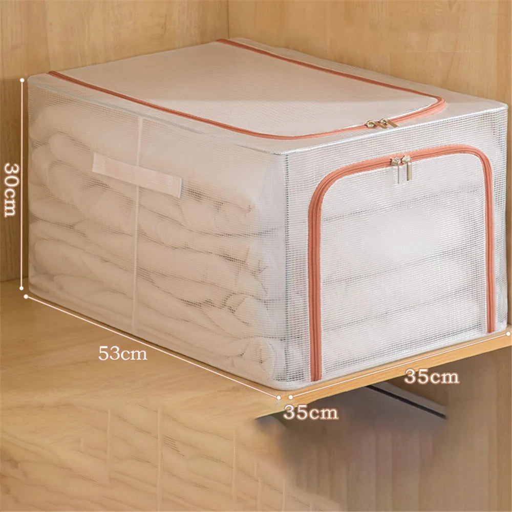 55L Storage Box Transparent PVC Metal Frame Organizer for Clothes Blankets Bedding - Pink - 7