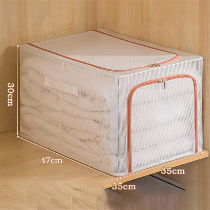 49L Clothes Storage Box Transparent PVC Metal Frame Wardrobe Closet Organizer - Pink - 7