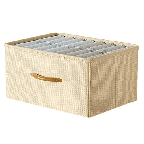 Size L Wardrobe Clothes Organizer Closet Storage Box with Handle for Jeans Shirts - Beige - 1